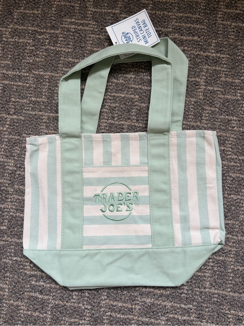 Trader Joe's Mini Mint Green and Cream Striped Canvas Tote